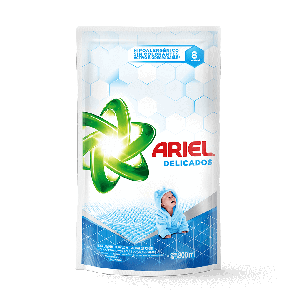 Doypack color blanco de 800 ml de jabón líquido para la ropa Ariel Hipoalergénico sin colorantes activo biodegradable