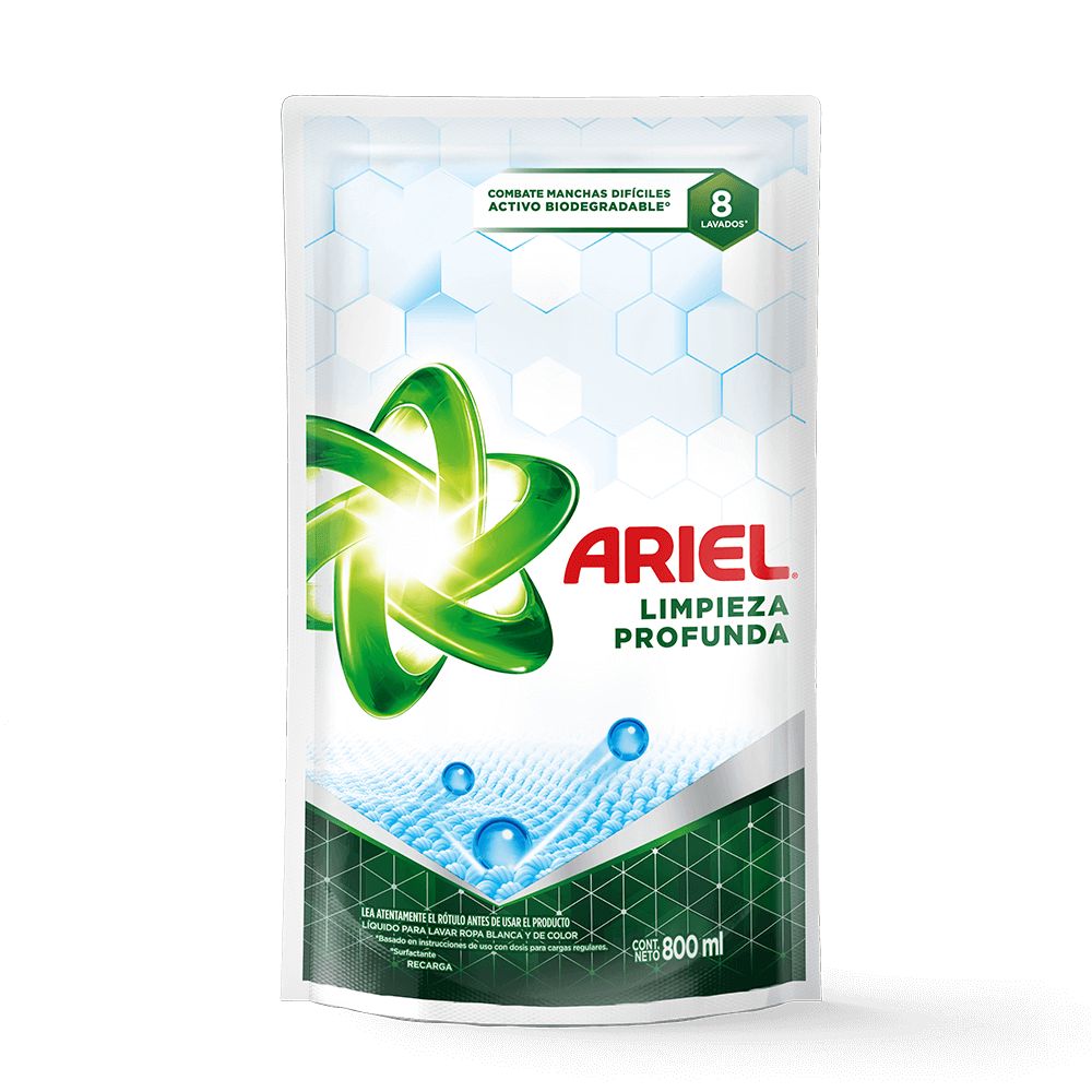 Doypack color blanco y verde de 800 ml de jabón líquido para la ropa Ariel limpieza profunda combate manchas difíciles activo biodegradable.