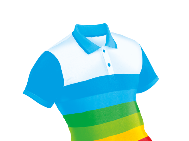 Caricatura de remera con franjas horizontales de colores blanca, celeste, verde, amarillo y rojo
